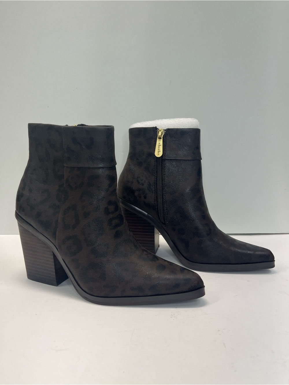 Charles David Womens Van Block Heel Dress Boots dark brown leopard print